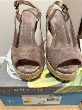 Apepazza Taupe Suede Peep-Toe Espadrille Wedge Sandals